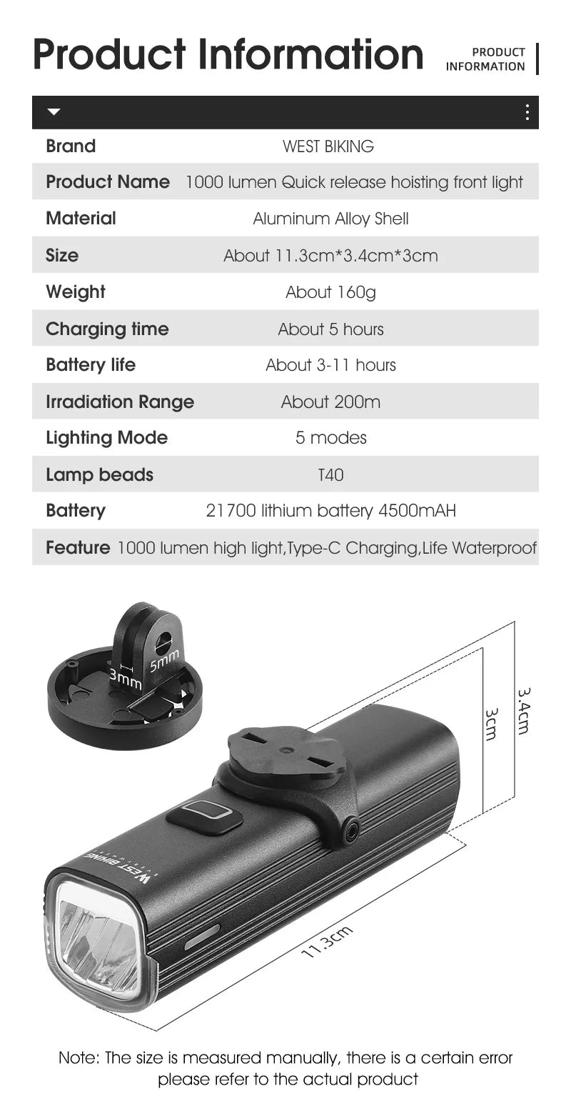 1000 Lumens Rechargeable Bicycle Headlight - Quick Release, 4500mAh Battery