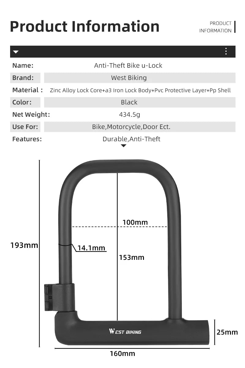 Portable Anti-Theft U Lock for Bicycles and Motorcycles