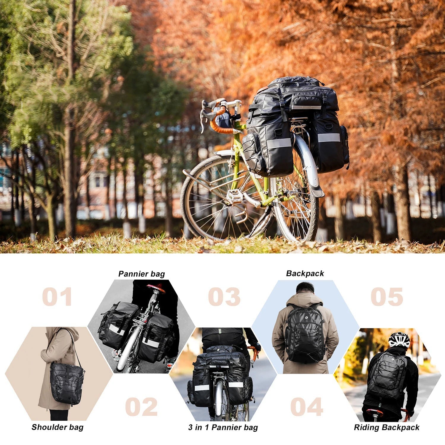 65L Waterproof Bike Cargo Bag - 3-in-1 Bicycle Rear Rack Pannier Backpack