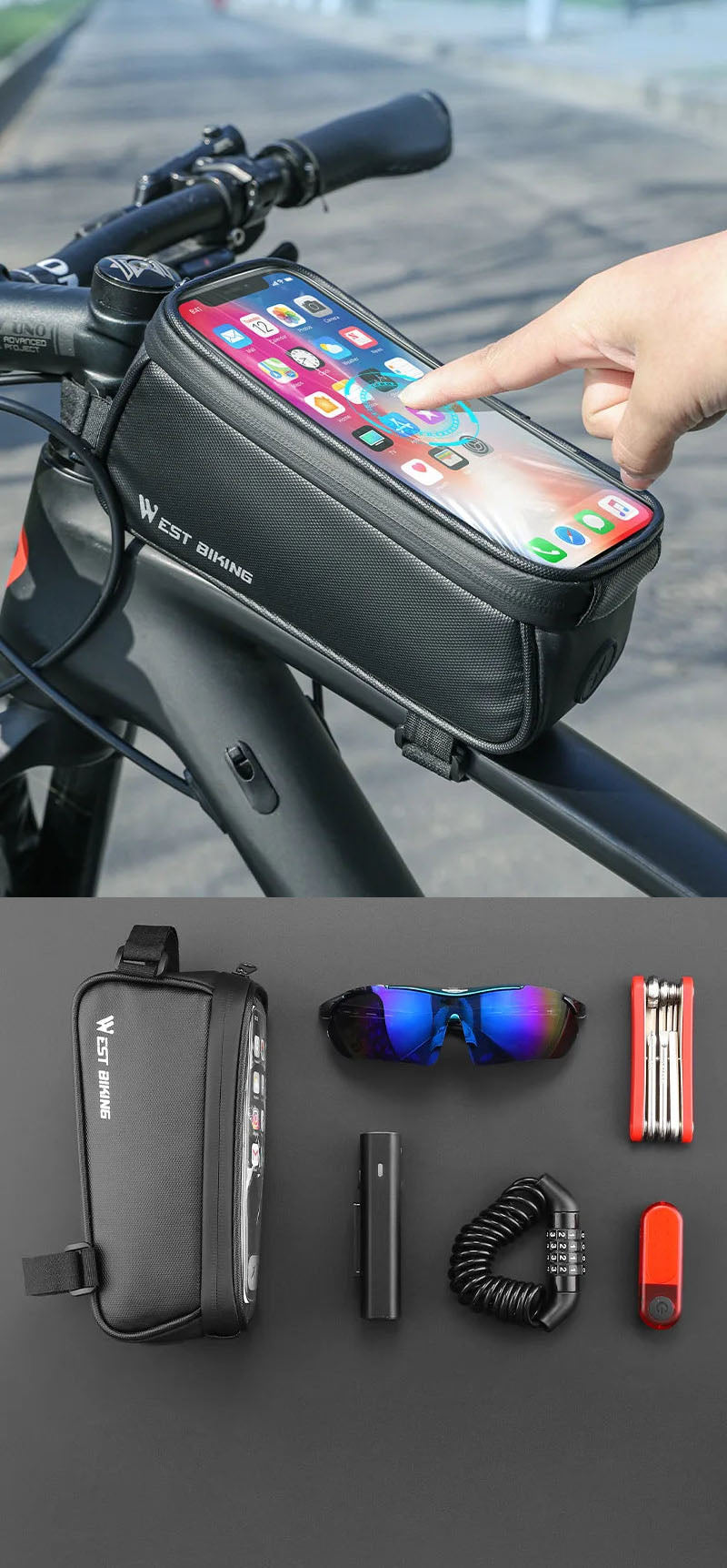 Waterproof Bicycle Front Frame Bag - 7 Inch Touch Screen Phone Holder