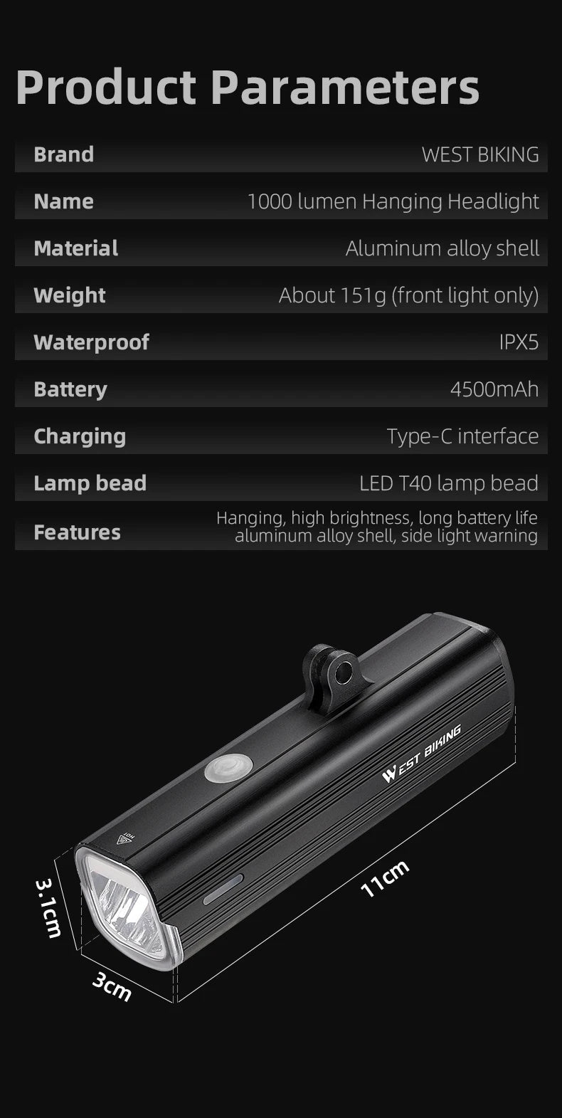 1000 Lumen USB Rechargeable Bicycle Headlight - Waterproof & Durable