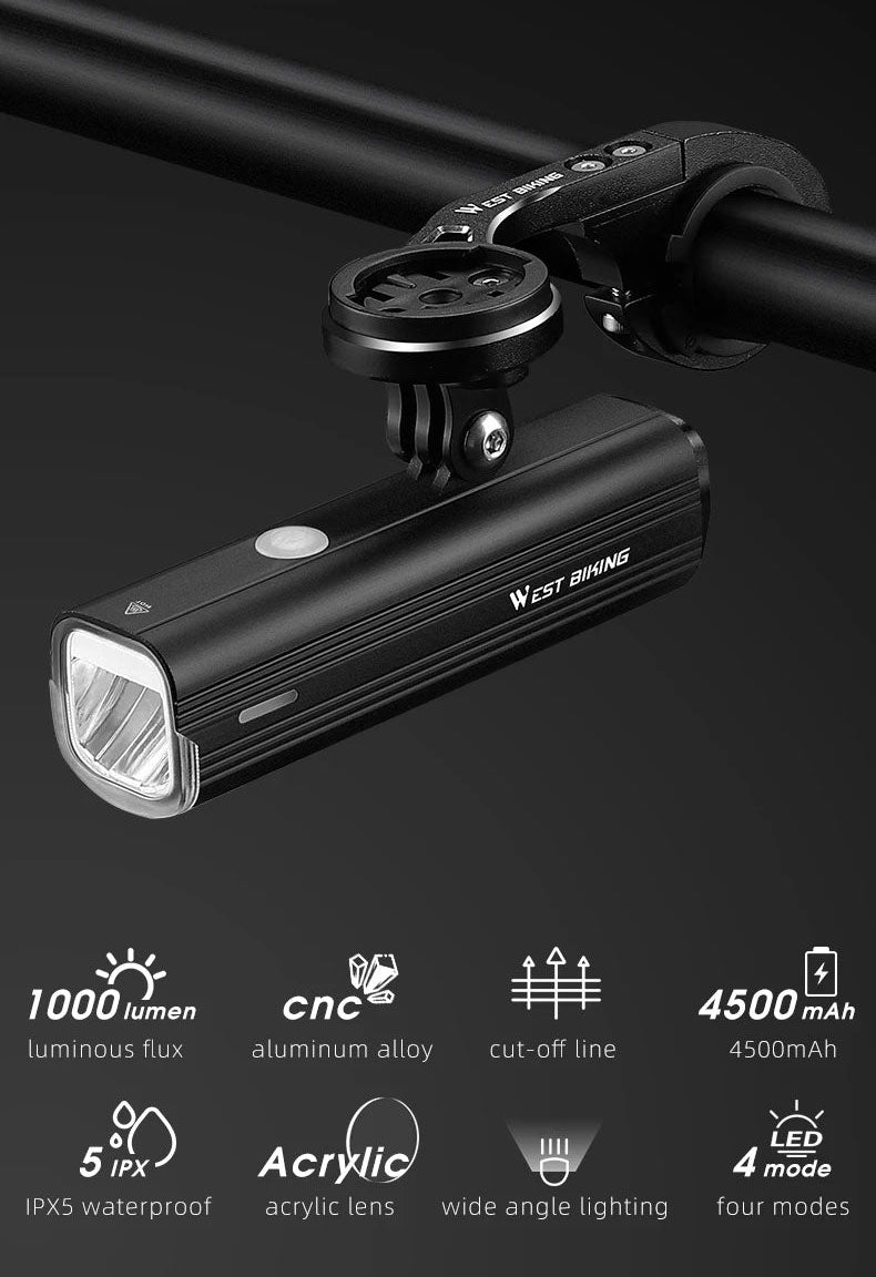 1000 Lumen USB Rechargeable Bicycle Headlight - Waterproof & Durable